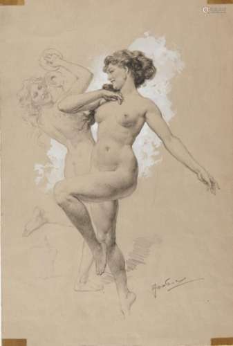 o†FORTUNINO MATANIA (1881-1963) NUDE CYMBAL DANCERS - AN ILLUSTRATION signed, pencil and white on