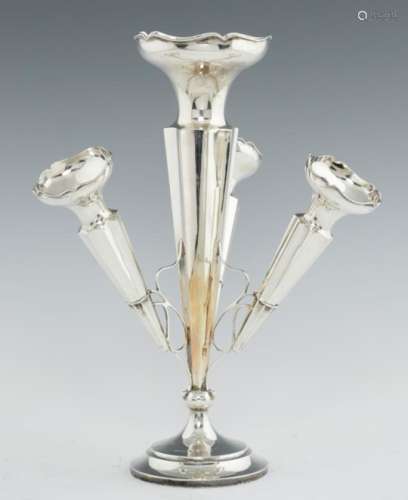 A GEORGE V SILVER FLOWER STAND of fluted trumpet vases, the three smaller detachable, 40cm, h, by