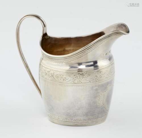 A GEORGE III OVAL ENGRAVED SILVER CREAM JUG 10cm h, by Solomon Hougham, London 1794, 3ozs 5dwts++