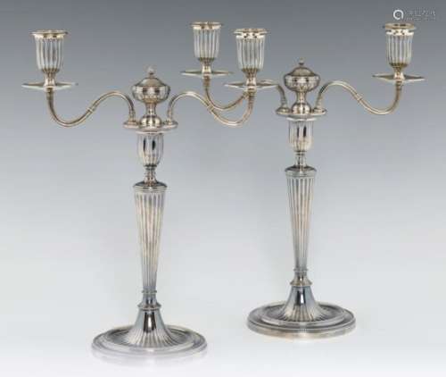 A PAIR OF GEORGE III NEO CLASSICAL SILVER CANDELABRA of two lights, the sconces, beaded nozzles