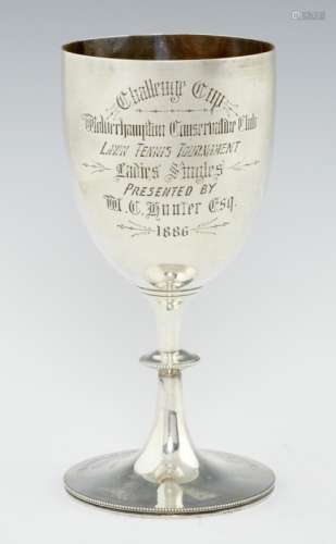 A VICTORIAN SILVER CUP on beaded foot, 25cm h, by W Spurrier & Co, Birmingham 1882, 16ozs 10dwts++