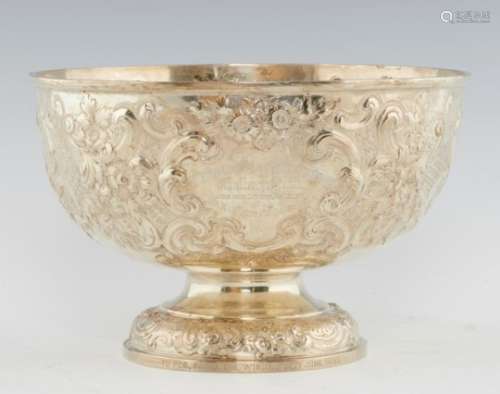 LAWN TENNIS INTEREST. A VICTORIAN SILVER ROSE BOWL richly embossed with flowers and scrolls,