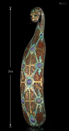 战国  错金银嵌绿松石琉璃铜带钩