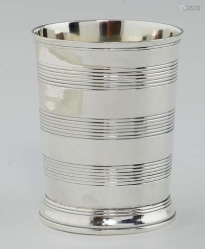 A GEORGE III SILVER BEAKER with reeded bands, 10cm h, by Henry Chawner, London 1788, 6ozs 8dwts++