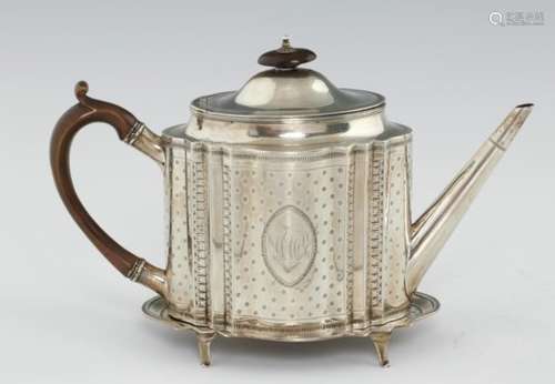 A GEORGE III BRIGHT CUT SILVER TEAPOT AND STAND straight sided and of serpentine form, the domed lid