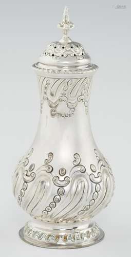 A VICTORIAN SPIRALLY LOBED BALUSTER SILVER CASTER AND THREADED COVER 19.5cm h, by Harrison Bros &