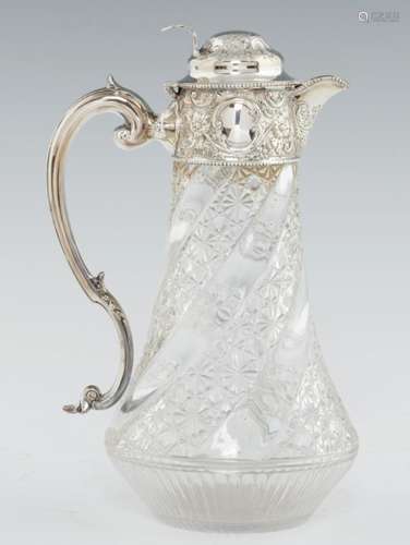 A VICTORIAN SILVER MOUNTED CUT GLASS CLARET JUG with pierced thumbpiece, 26cm h, by W & G Sissons,