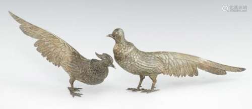 A PAIR OF IBERIAN SILVER PHEASANT TABLE ORNAMENTS 14cm h, maker MG and Spanish control mark, 22ozs