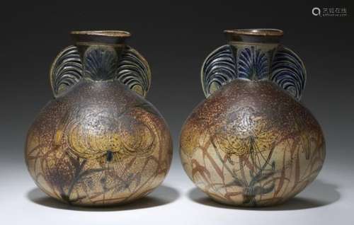 A PAIR OF MARTINWARE SACK SHAPED VASES, C1890 incised with tiger lilies, the mottled dark brown