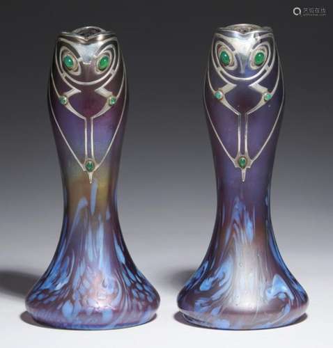 A PAIR OF SECESSIONIST SILVER OVERLAID IRIDESCENT GLASS VASES, BOHEMIAN OR BAVARIAN, C1910 of