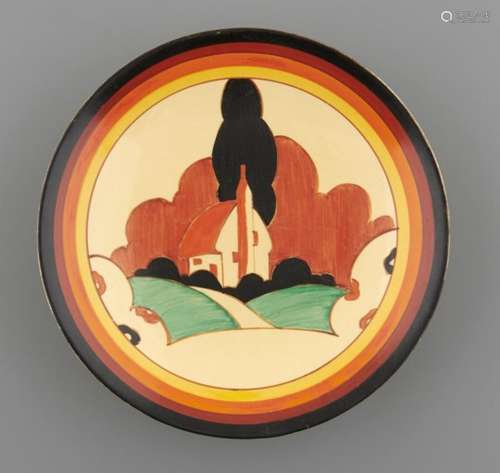 CLARICE CLIFF. AN A J WILKINSON FARMHOUSE PATTERN PLATE, 1932 23cm diam, impressed and printed