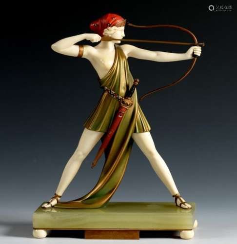 FERDINAND PREISS (1882-1942) THE ARCHER, C1925 cold painted bronze and ivory on onyx plinth, mounted