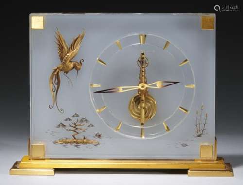 CHINOISE MARINA. A JAEGER LECOULTRE GILT BRASS AND LUCITE PENDULE BAGUETTE REF 350, C196016cm h,