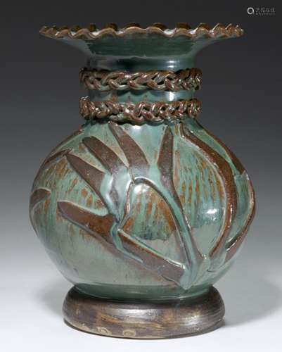 MADGE SPENCER (B 1941) 'HANDS AND CHAINS' GLAZED STONEWARE VASE, 1980 31cm h, painted MS monogram++