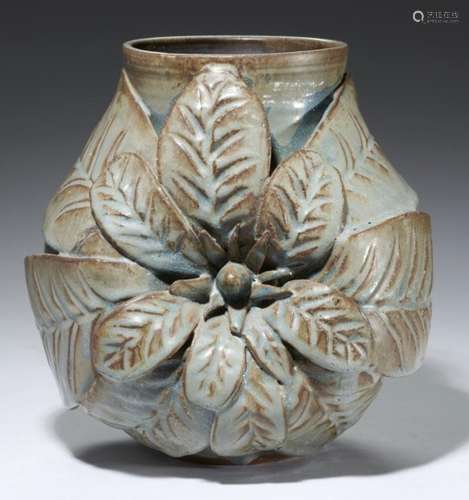 MADGE SPENCER (B 1941). GLAZED EARTHENWARE VASE WITH APPLIED FLOWER, 1997 25cm h, painted MS