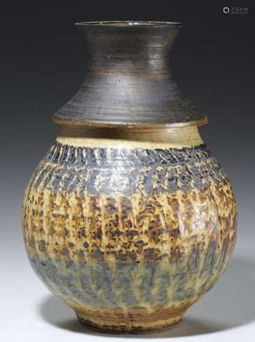 MADGE SPENCER (B 1941) HOOP NECKED STONEWARE VASE, 2000 with partly burnished glaze, 32cm h, painted