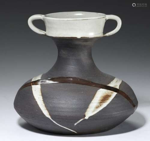 †JANET DARNELL LEACH (1918-1997) STONEWARE VASE with two white and two brown crossing lines, 24cm h,