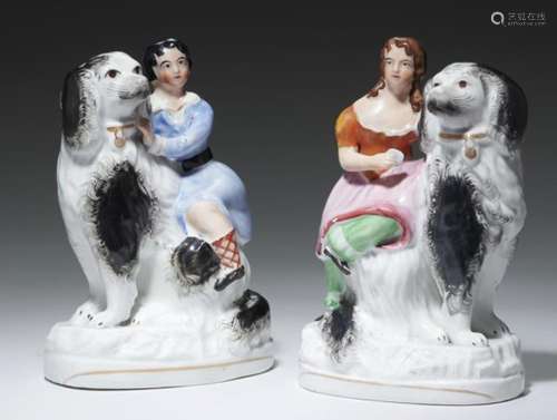 A PAIR OF COLOURED STAFFORDSHIRE EARTHENWARE FIGURES OF A BOY OR GIRL ON A MASTIFF, C1860 the dog