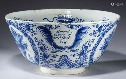 A RARE ENGLISH DELFTWARE PUNCH BOWL, LONDON, DATED 1715 inscribed Edmond Tanner of Northfleat 1715