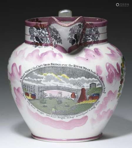 A SUNDERLAND PURPLE LUSTRE JUG, SCOTT'S SOUTHWICK POTTERY, C1840 with prints of the Wear Bridge,