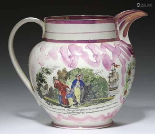 A SUNDERLAND LUSTRE JUG, 'GARRISON' POTTERY, C1830 with prints of the Wear Bridge, Sailor's Farewell