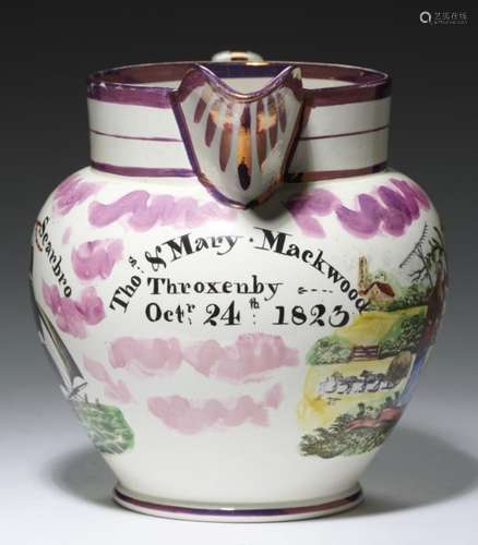 A SUNDERLAND LUSTRE JUG, 'GARRISON' POTTERY, DATED 1823 with prints coloured in bright enamels of