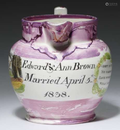 A SUNDERLAND LUSTRE MARRIAGE JUG, 'GARRISON' POTTERY DATED 1838 with print of the Wear Bridge and