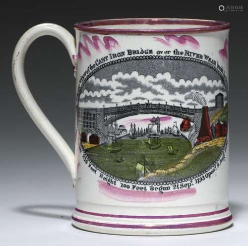 A SUNDERLAND LUSTRE FROG MUG, C1840 with prints of the Wear Bridge and a gleaner as AUGUST, picked