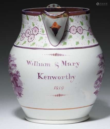 A STAFFORDSHIRE LUSTRE MARRIAGE JUG DATED 1819 with two purple bat prints and inscribed in purple