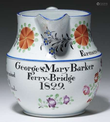 A YORKSHIRE PEARLWARE JUG DATED 1829 enamelled with stylised flowers and inscribed in black enamel