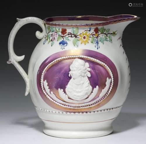 A STAFFORDSHIRE SUCCESS TO QUEEN CAROLINE LUSTRE WARE JUG, C1820 with oval relief moulded portrait