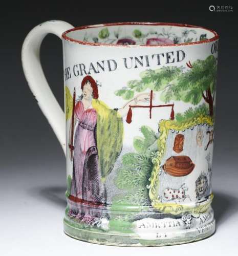 FRIENDLY SOCIETIES. A MINIATURE PEARLWARE MUG, C1820 printed with the 'arms', motto and