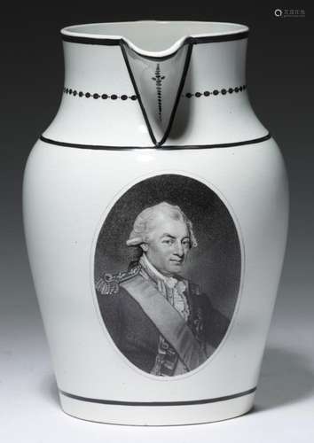 EARL OF ST VINCENT. A BLACK TRANSFER PRINTED PEARLWARE COMMEMORATIVE JUG, HERCULANEUM POTTERY,