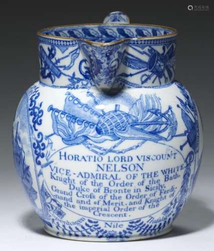 DEATH OF NELSON. A BLUE PRINTED PEARLWARE COMMEMORATIVE JUG, C1806-10 with portrait, HMS 