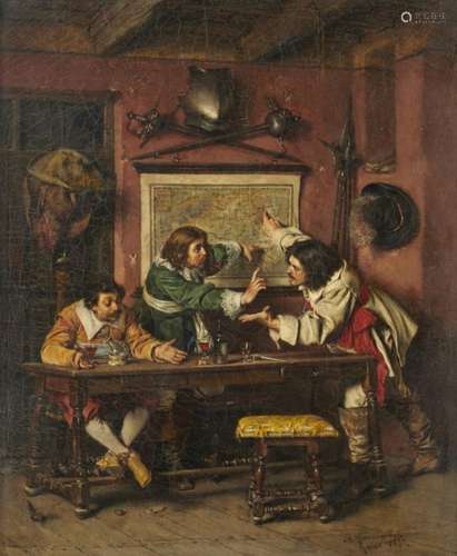 ANTONIO SALVADORE CASSANOVA Y ESTORACH (1847-1896) INTERIOR SCENE WITH THREE CAVALIERS DISPUTING