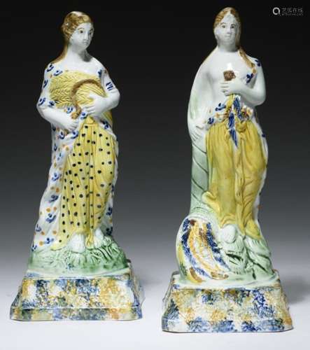 A PAIR OF PRATTWARE CLASSICAL FEMALE FIGURES OF SPRING AND AUTUMN, C1790 based on models by Ralph