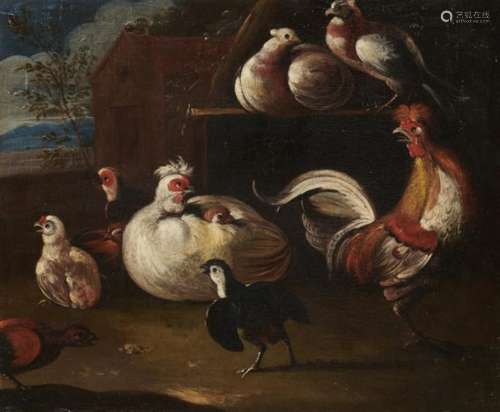 FOLLOWER OF MELCHOIR DE HONDECOETER POULTRY AND PIGEONS oil on canvas, 37.5 x 45cm, unframed++In