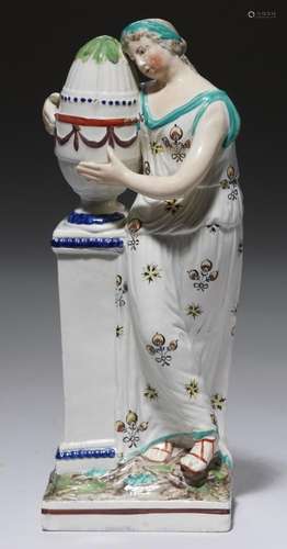 A STAFFORDSHIRE PEARLWARE FIGURE OF ANDROMACHE C1810 with overglaze enamel painted decoration, 22.