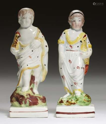 TWO PEARLWARE FIGURES OF A BOY AND GIRL WITH A BIRD, C1820 with overglaze enamel painted decoration,