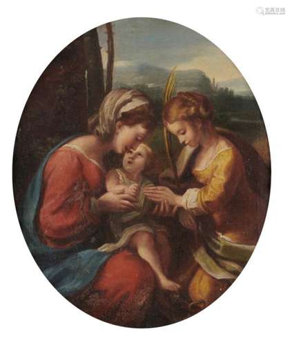 FOLLOWER OF CORREGGIO THE VIRGIN AND CHILD WITH ST ANNE oil on canvas, oval, 28 x 23cm++Lined with