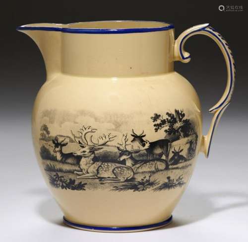 A STAFFORDSHIRE DRABWARE JUG, C1815 with bat prints of deer and hounds, gilt initials G J, the