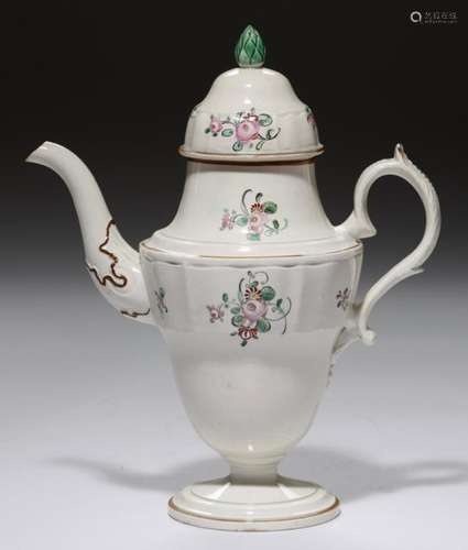 AN UNUSUAL PEARLWARE OGEE TEAPOT AND COVER, C1810 with enamelled sprigs and green knop, outlined