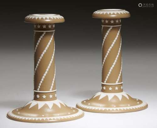 A PAIR OF SPODE BUFF DIPPED FELSPATHIC STONEWARE CANDLESTICKS, C1820 15cm h, one impressed Spode ++