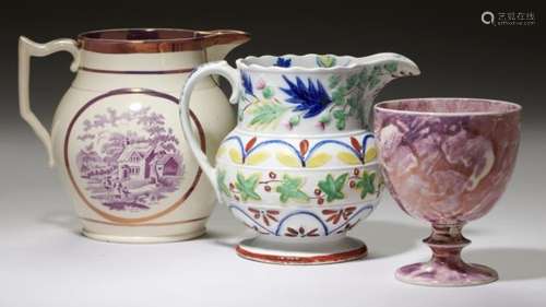 A STAFFORDSHIRE LUSTRE WARE JUG, C1810 with two purple bat prints, 15cm h, a pink marbled lustre