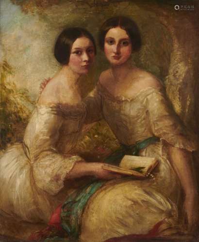 FOLLOWER OF GEORGE BAXTER DOUBLE PORTRAIT OF SISTERS seated half length by a tree with an open book,