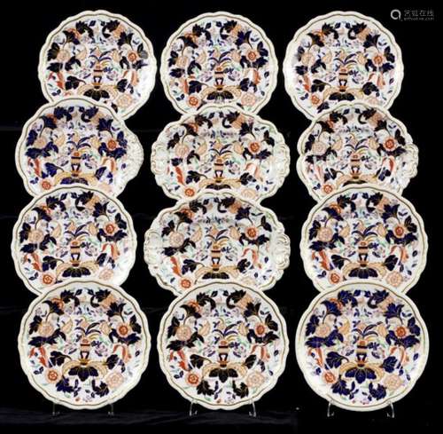 A STAFFORDSHIRE GADROONED BONE CHINA JAPAN PATTERN DESSERT SERVICE, C1820 the service including