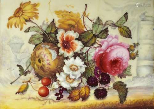 AN ENGLISH PORCELAIN PLAQUE, POSSIBLY DERBY-DECORATED, C1820 painted with flowers and fruit in