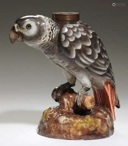 A STAFFORDSHIRE PORCELAIN GLASS EYED GREY PARROT NOVELTY OIL LAMP, C1885 22.5cm h excluding later