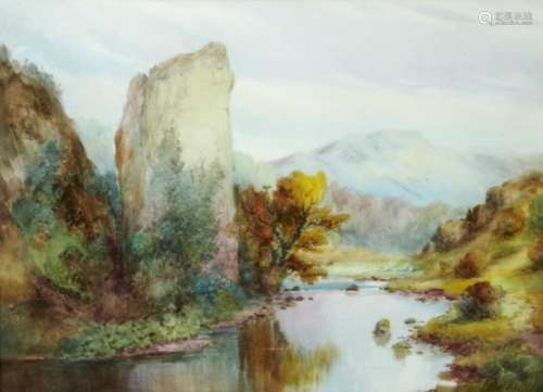 AN ENGLISH PORCELAIN PLAQUE PAINTED WITH DOVEDALE BY CUTHBERT GRESLEY, EARLY 20TH CENTURY signed, 14