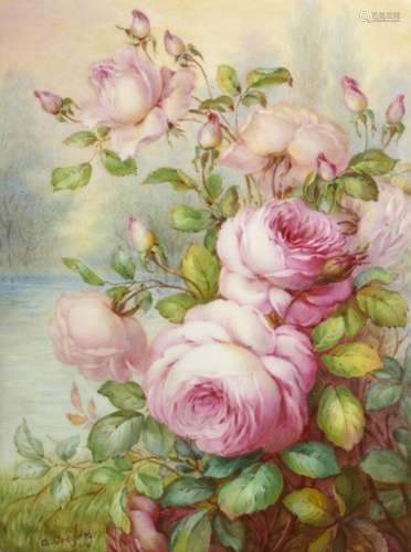 AN ENGLISH PORCELAIN PLAQUE PAINTED WITH ROSES BY ALBERT GREGORY, EARLY 20TH C signed, 15 x 11cm,